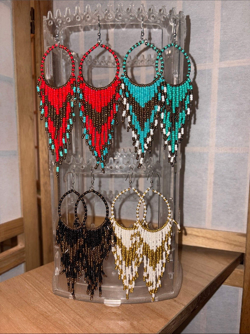 Handmade Beaded Earrings - Turquoise, Black, Red, & White 4 Pair Lot